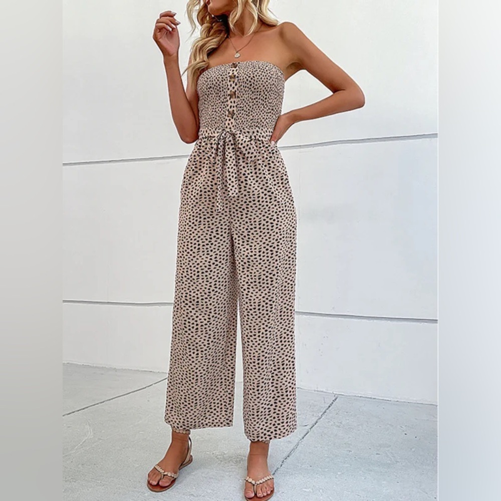 Strapless Smocked Jumpsuit Leopard Print Women’s Taupe Black Summer Coverup